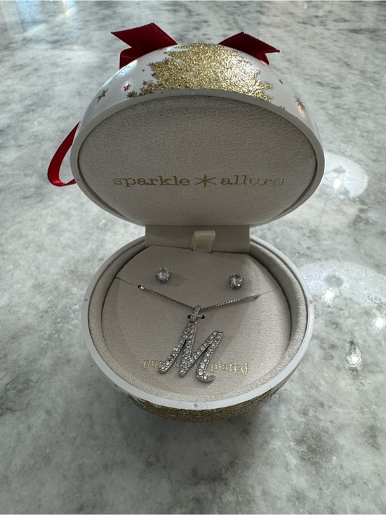 Sparkle Allure Jewelry - Sparkle Allure Silver Crystal 'M' Initial Necklace with Matching Studs - Silver